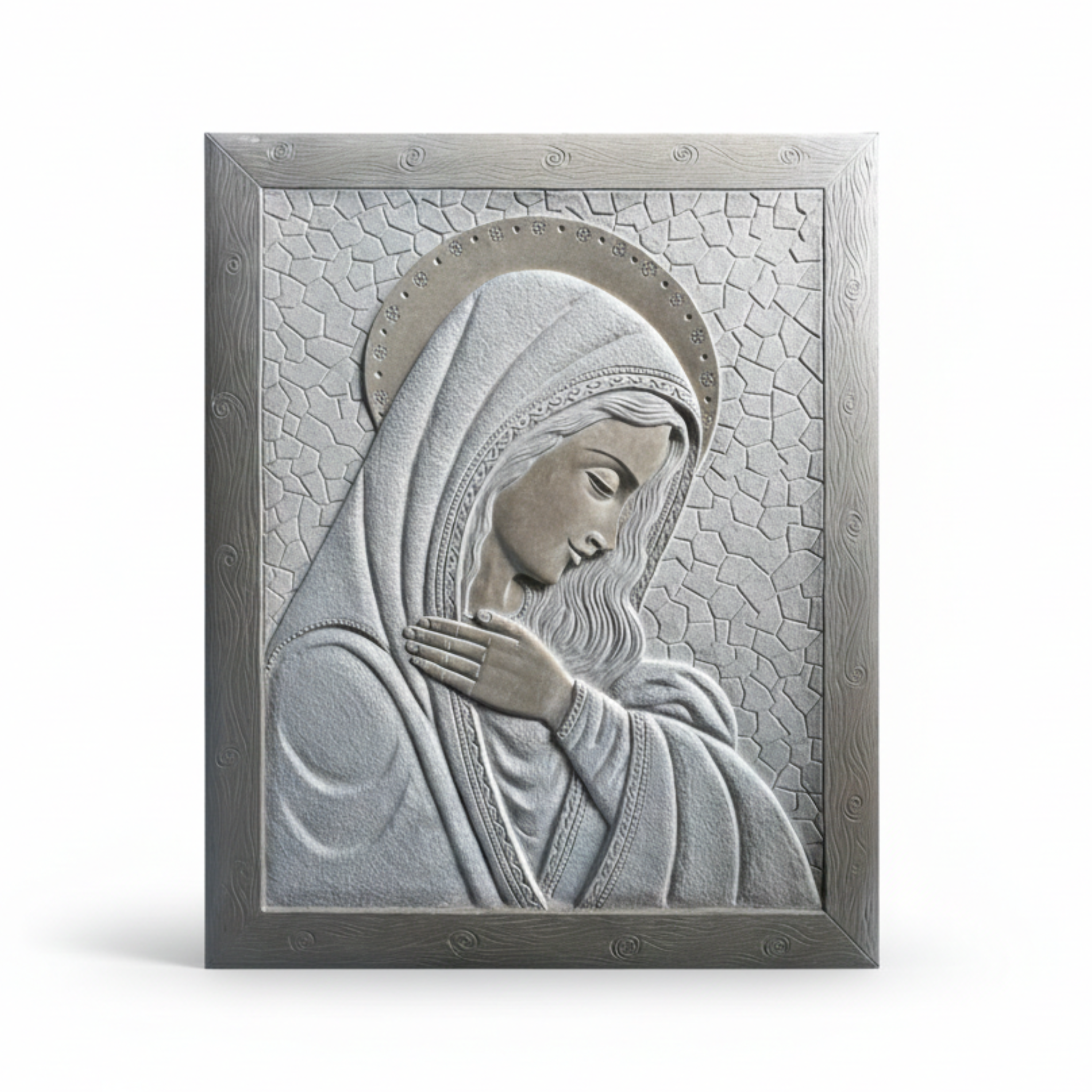 Grande quadro 70x100 cm con scultura a bassorilievo della Madonna di profilo, disponibile in Marmo di Carrara e Rosa Portogallo