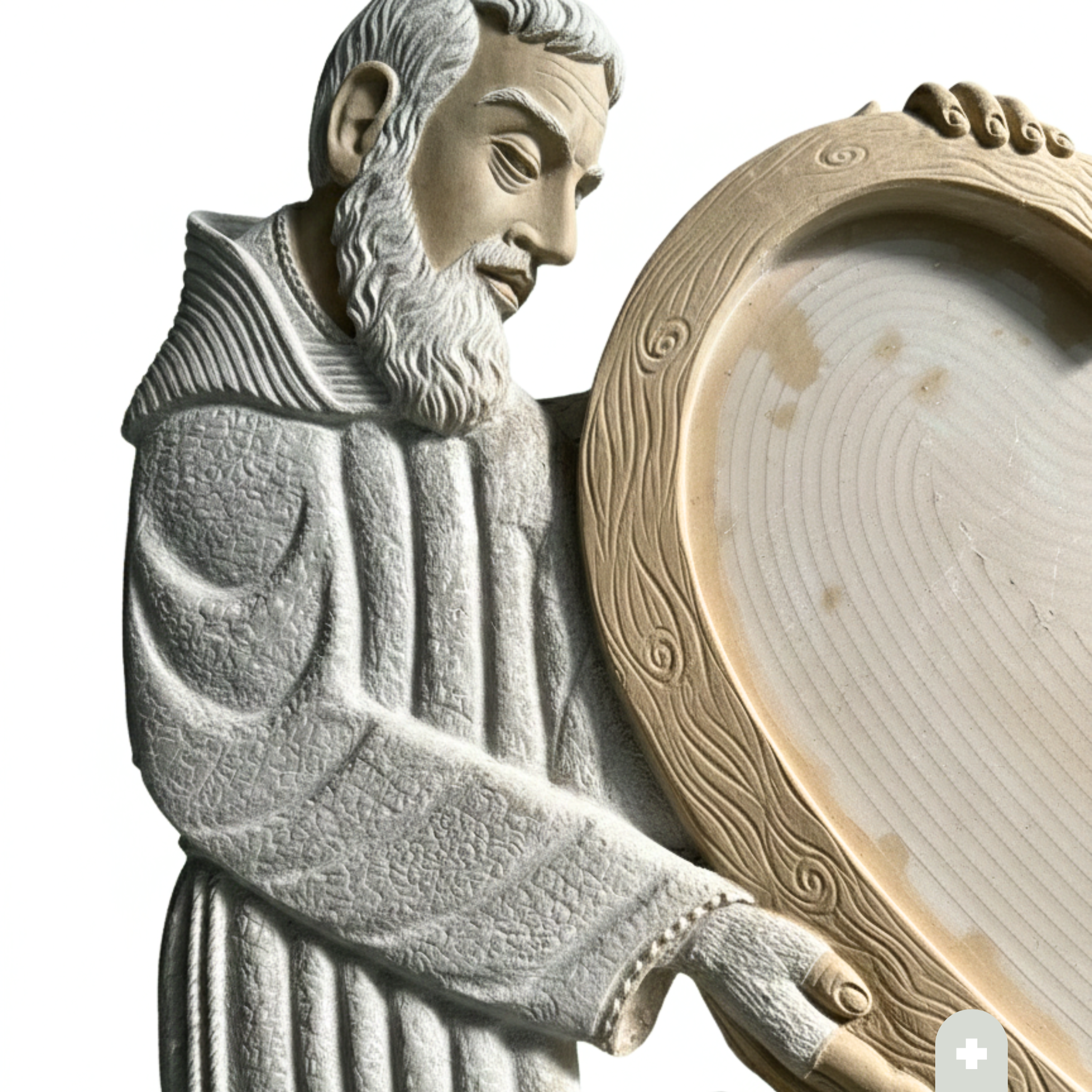 Spalliera monumentale in pietra di Trani 60x110 cm scolpita a mano con San Pio che regge un cuore predisposto per placca in fotoceramica