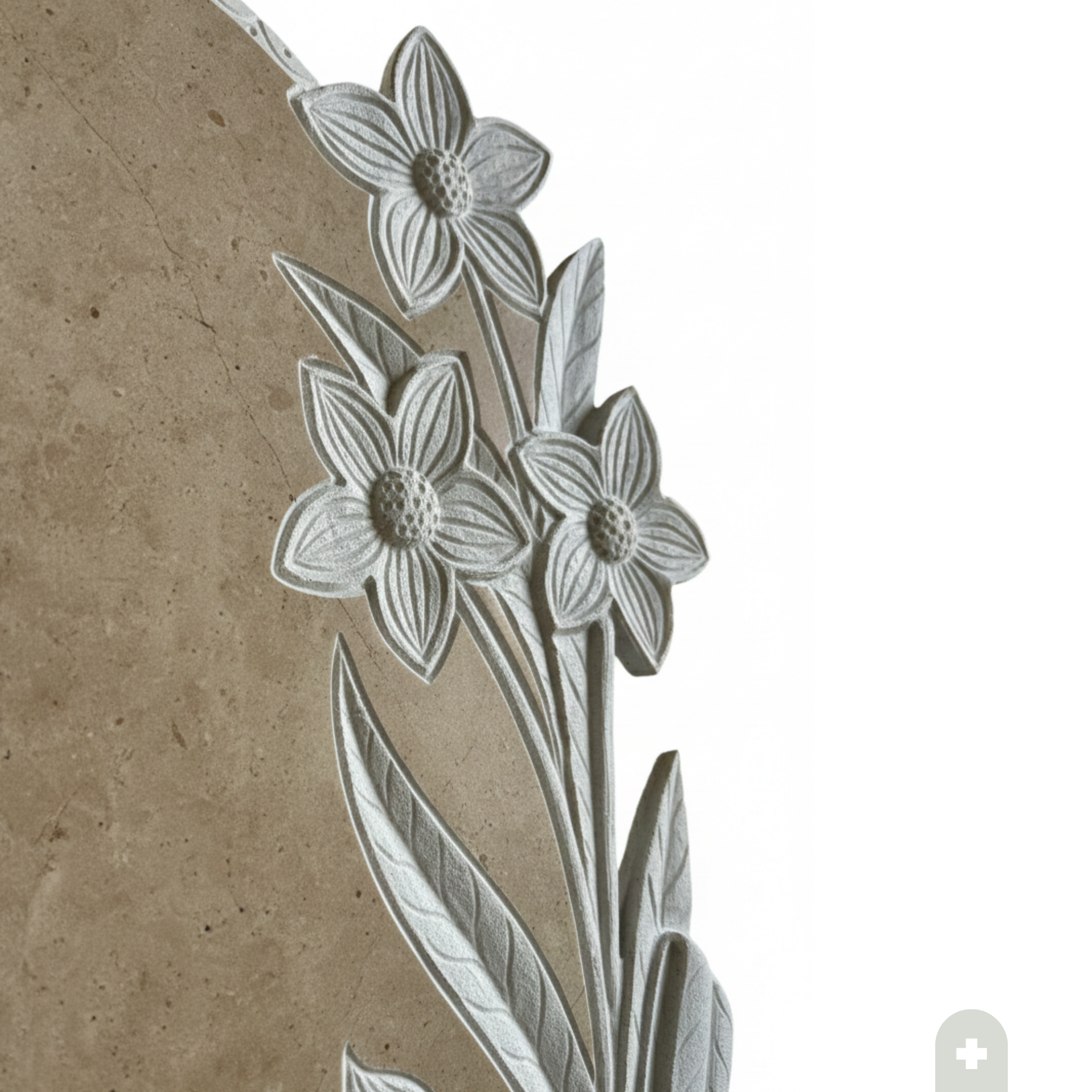 Spalliera per lapide in pietra di Trani 100x70 cm con scultura a mano di fiori e boccioli per tomba a terra