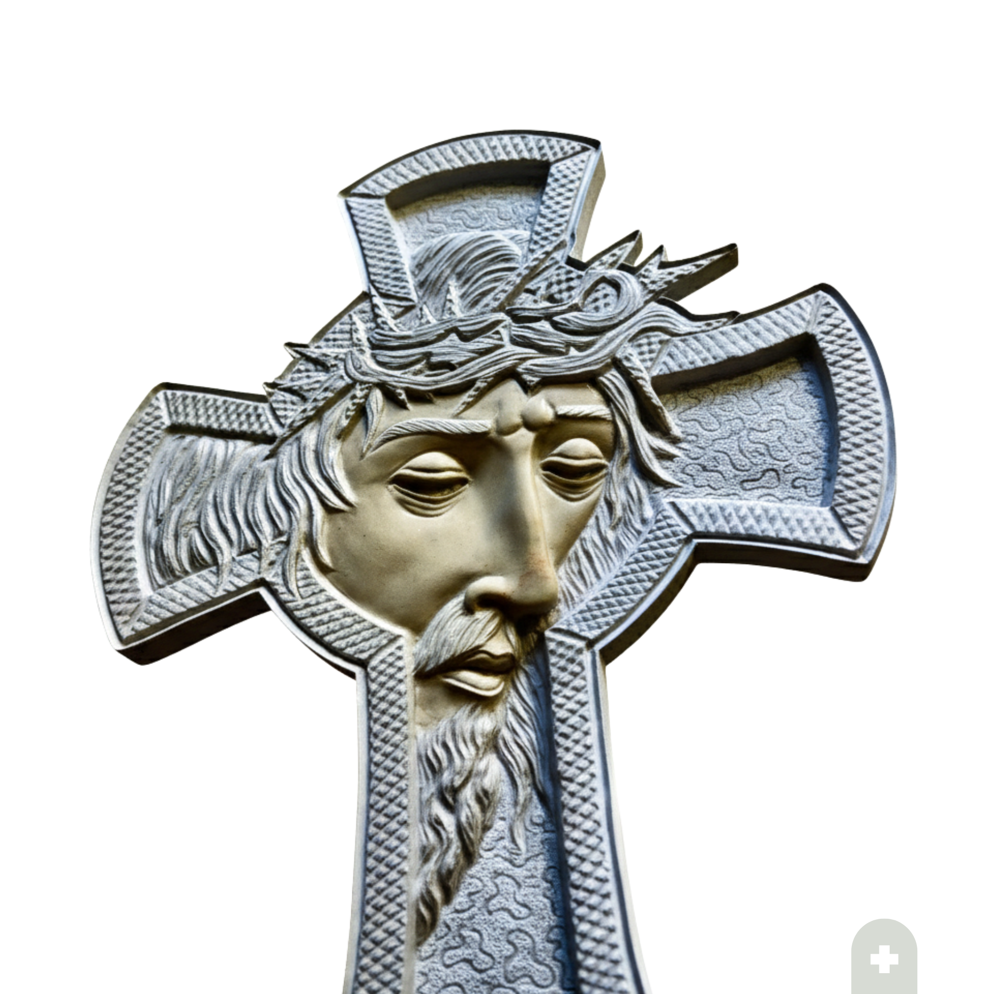 Scultura a forma di croce in pietra di Trani con bassorilievo del volto di Cristo con corona di spine, 35x25 cm