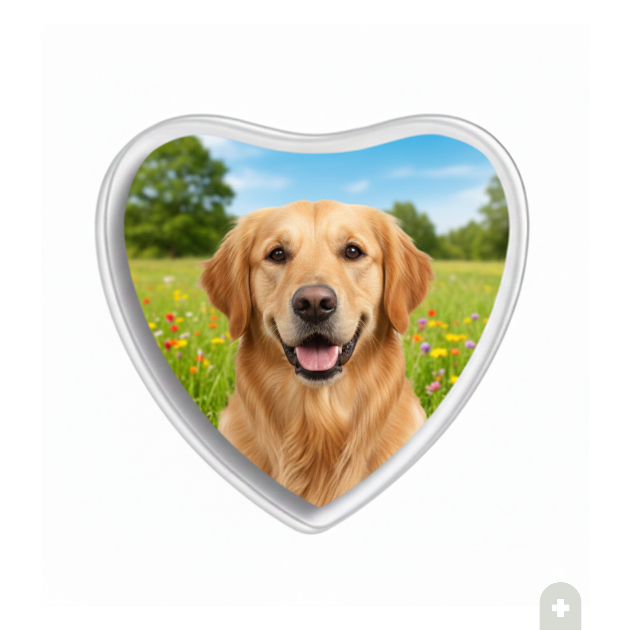 Cuore in cristallo personalizzato da 12mm per animali con foto di un cane Golden Retriever su sfondo di prato fiorito e cielo azzurro