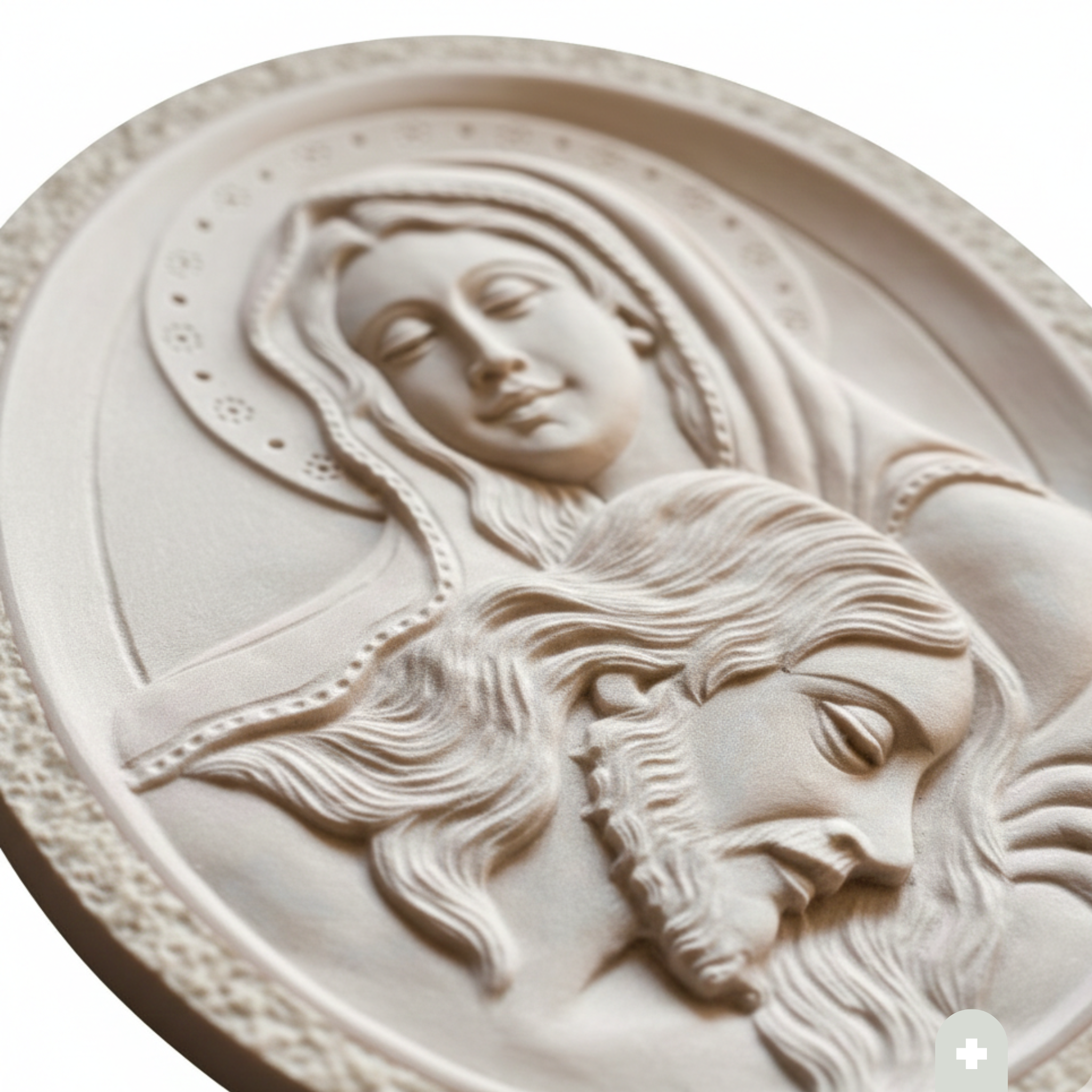 dettaglio-Quadro ovale in pietra di Trani scolpito a mano con bassorilievo Madonna e Gesù, bordo bocciardato, 40x30 cm