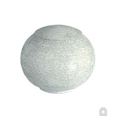 Urna cineraria a forma di sfera con decorazione materica color acqua marina e coperchio integrato