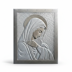 Grande quadro 70x100 cm con scultura a bassorilievo della Madonna di profilo, disponibile in Marmo di Carrara e Rosa Portogallo