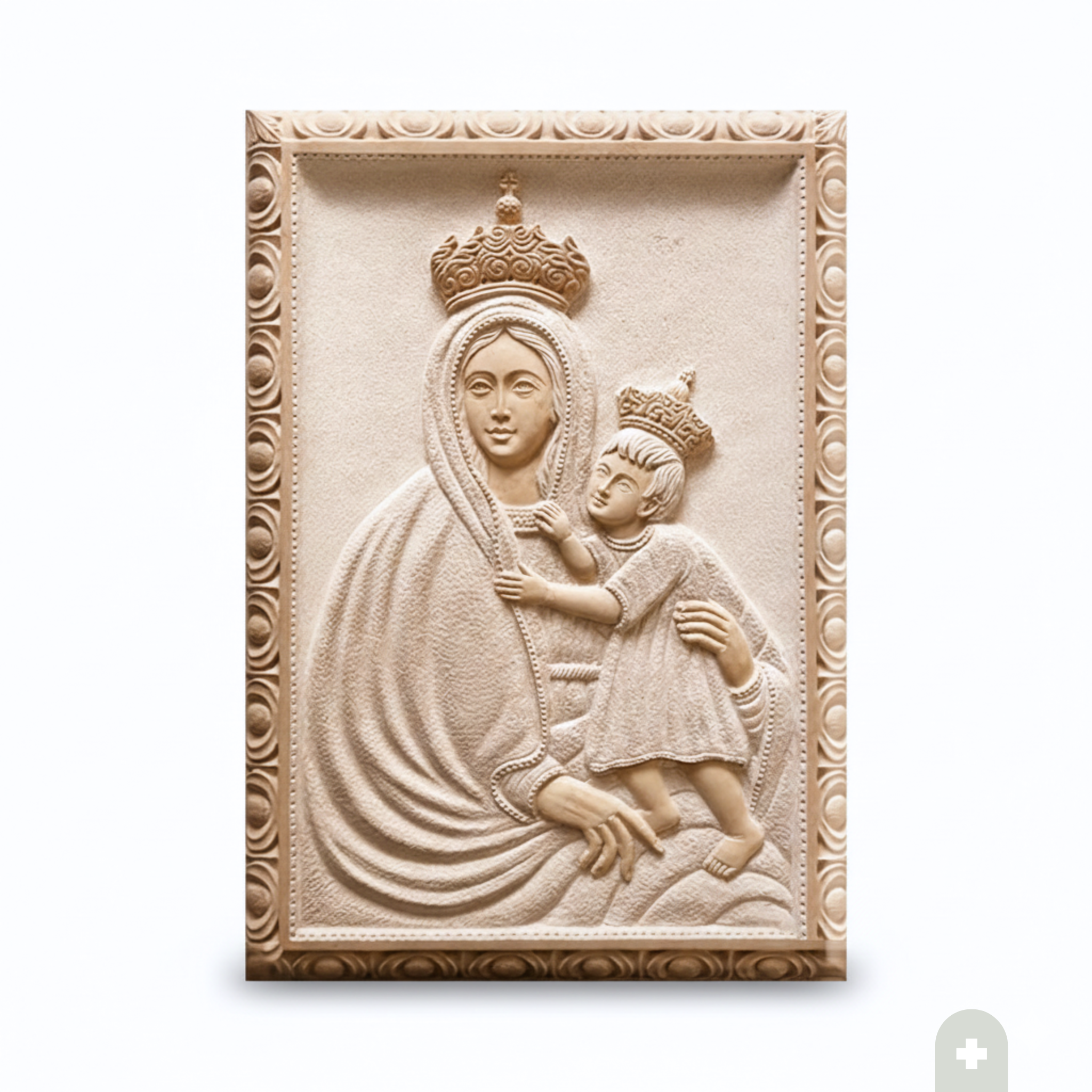 Quadro rettangolare in pietra di Trani scolpito a mano con bassorilievo della Madonna del Buoncammino, 55x80 cm