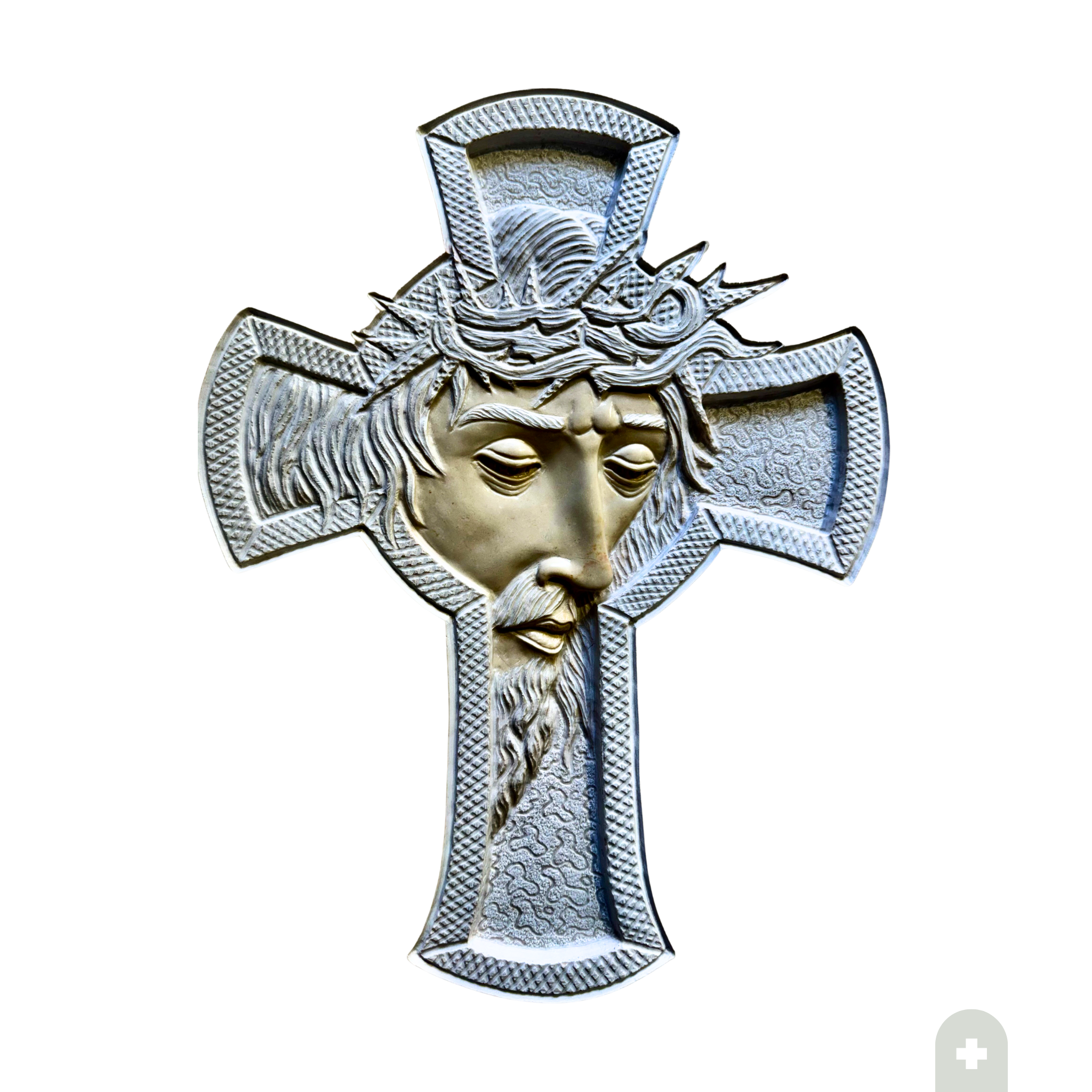 Scultura a forma di croce in pietra di Trani con bassorilievo del volto di Cristo con corona di spine, 35x25 cm