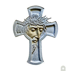 Scultura a forma di croce in pietra di Trani con bassorilievo del volto di Cristo con corona di spine, 35x25 cm