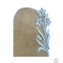 Spalliera per lapide in pietra di Trani 100x70 cm con scultura a mano di fiori e boccioli per tomba a terra