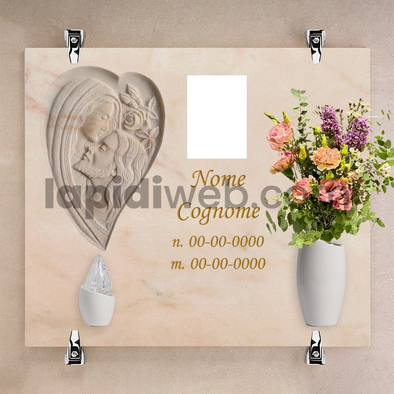 Lapide per loculo a parete con scultura a forma di cuore doppio volto madonna e gesù  – LL02