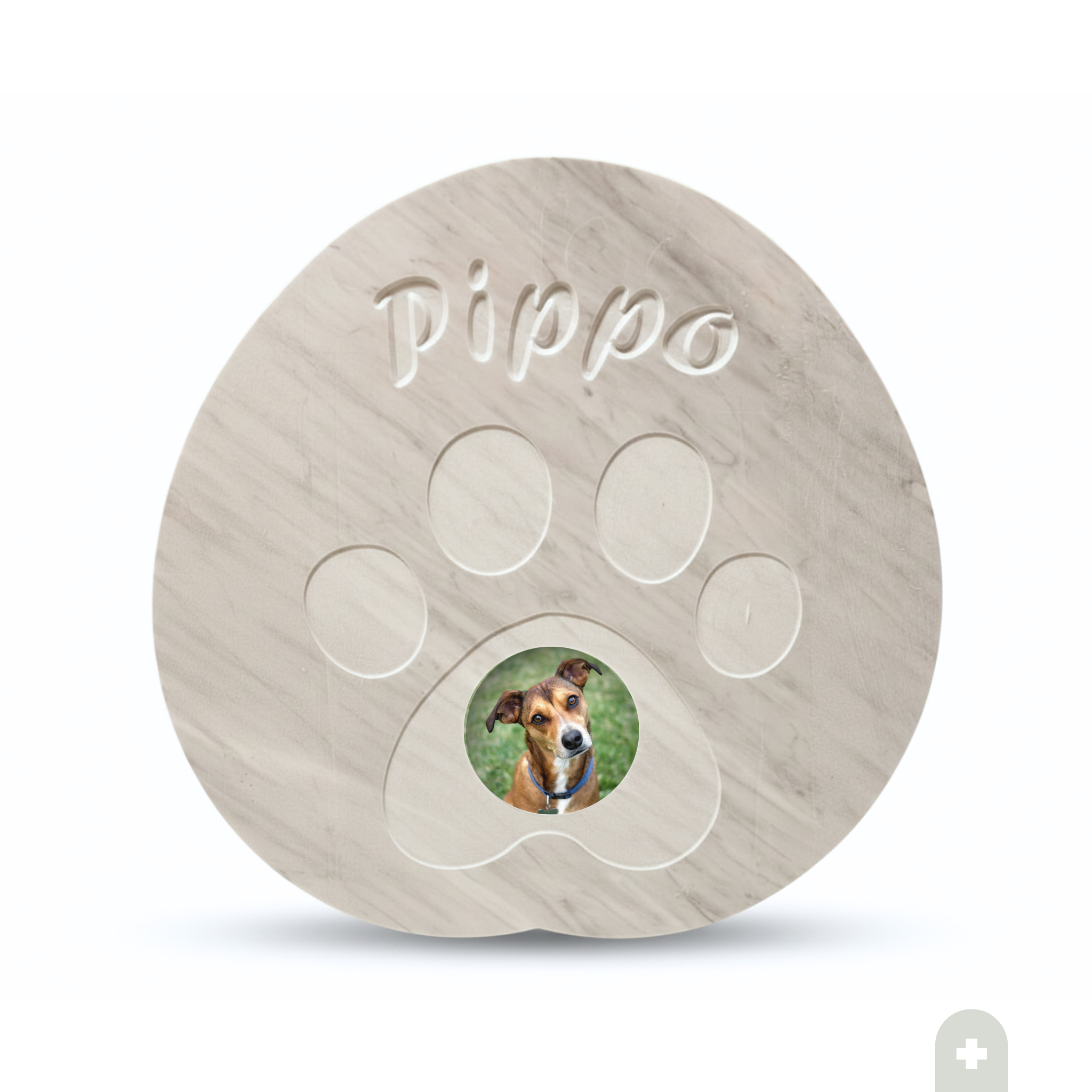 Lapide per animali in marmo Carrara lucido sagomata a forma di impronta con incisione personalizzata "Pippo" e foto in porcellana