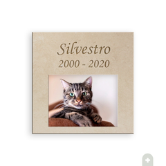 Lapide quadrata per animali in pietra di Trani lucida 30x30 cm con foto di un gatto e incisioni personalizzate
